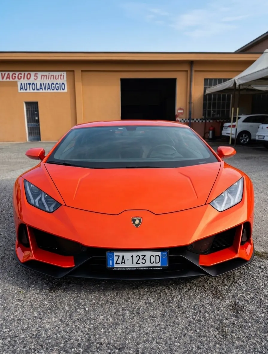 Lamborghini Huracán arancione appena lavata sul piazzale, davanti all'insegna dell'Autolavaggio 5 Minuti